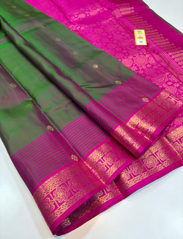 Manthulir Green Dual Tone Rani Pink Pallu Kanchi Border Handloom Pure Soft Silk Saree