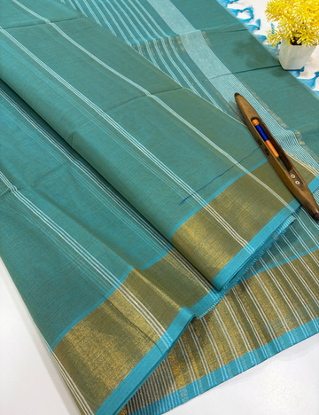 Peacock Teal Pure Cotton Saree with Gold Jari Border