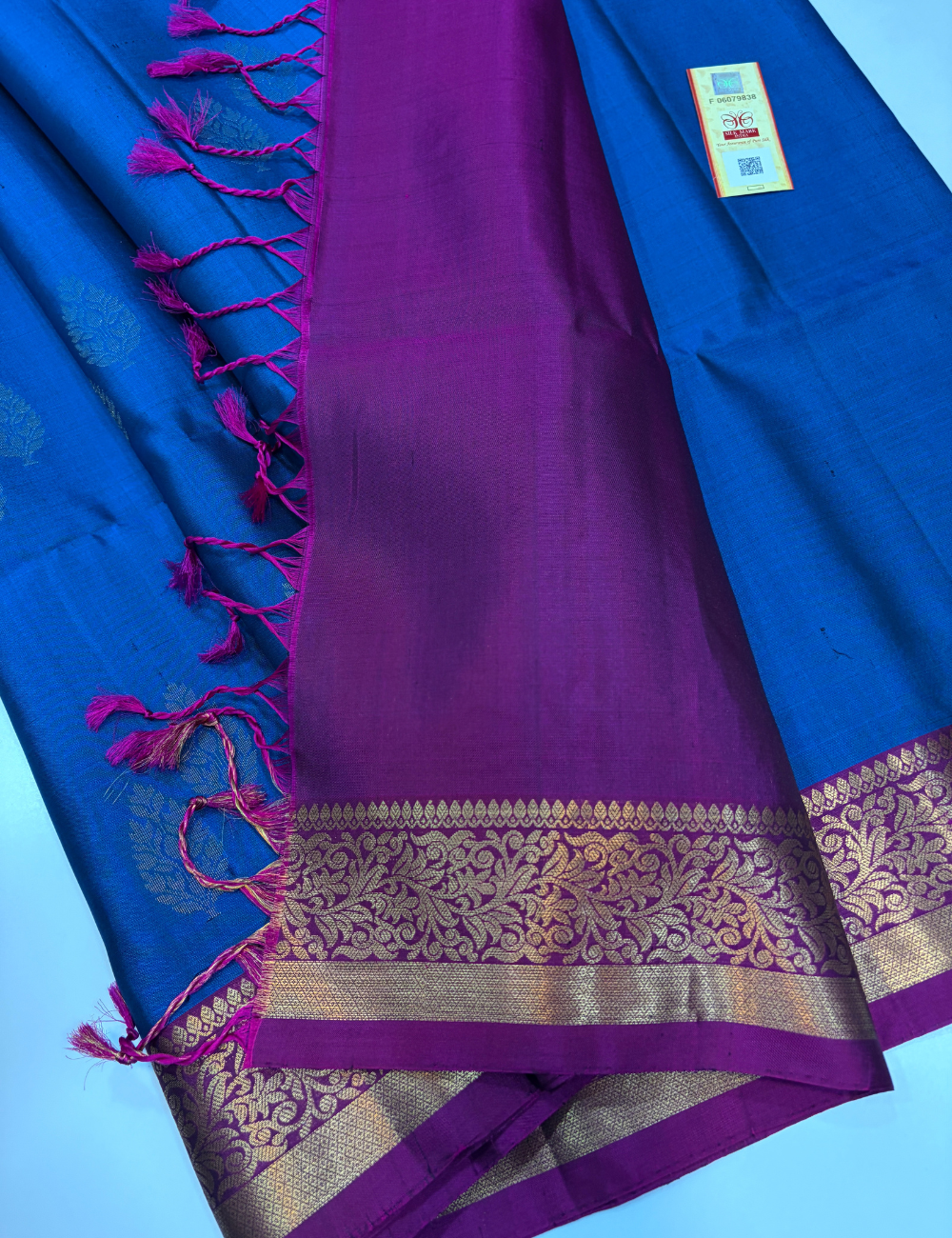 Dual Tone Peacock Blue & Berry Pink Kanchi Border Handloom Pure Softsilk Saree
