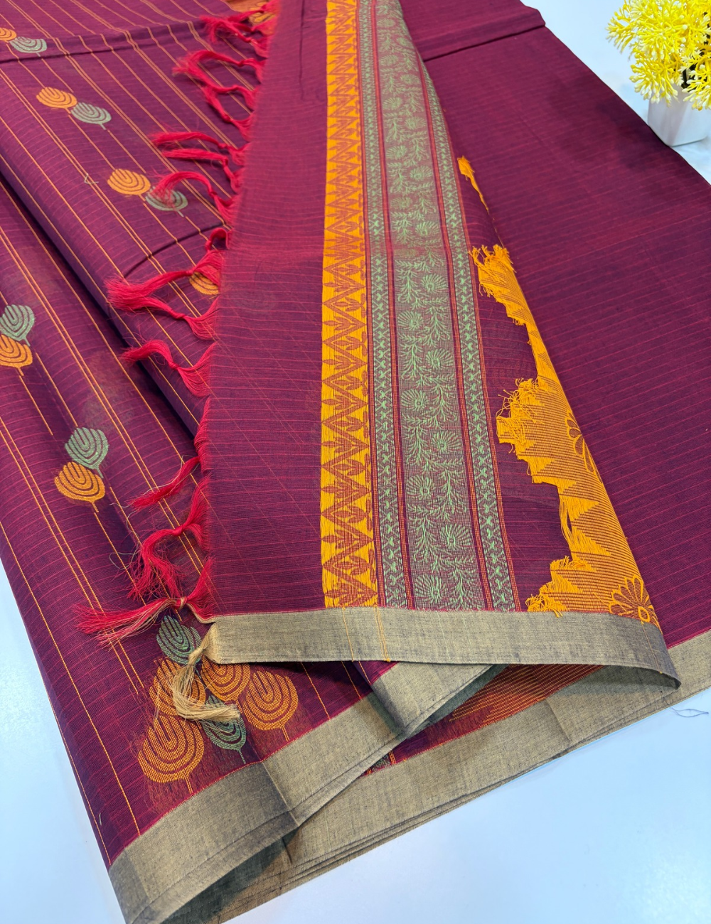 Magenta Purple Negamam Handloom Pure Cotton Saree with Vairaoosi Lines & Thread Putta | 100-Count Cotton