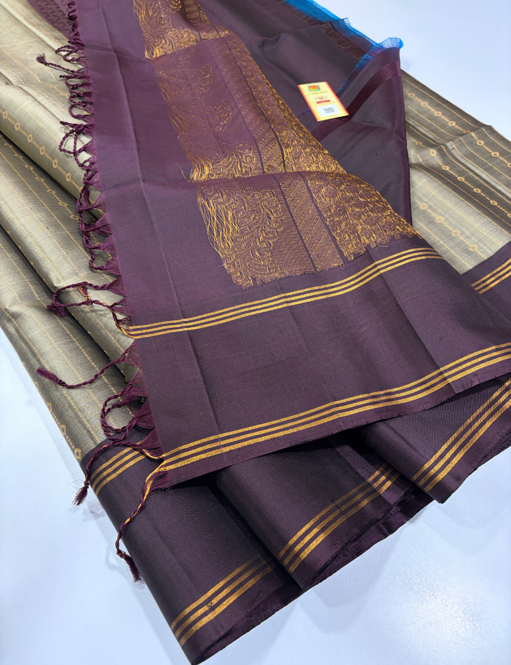 Grey with Purple Contrast Border SilkMark Certified Handloom Pure Soft Silk Saree with Blouse – Vairaoosi Design