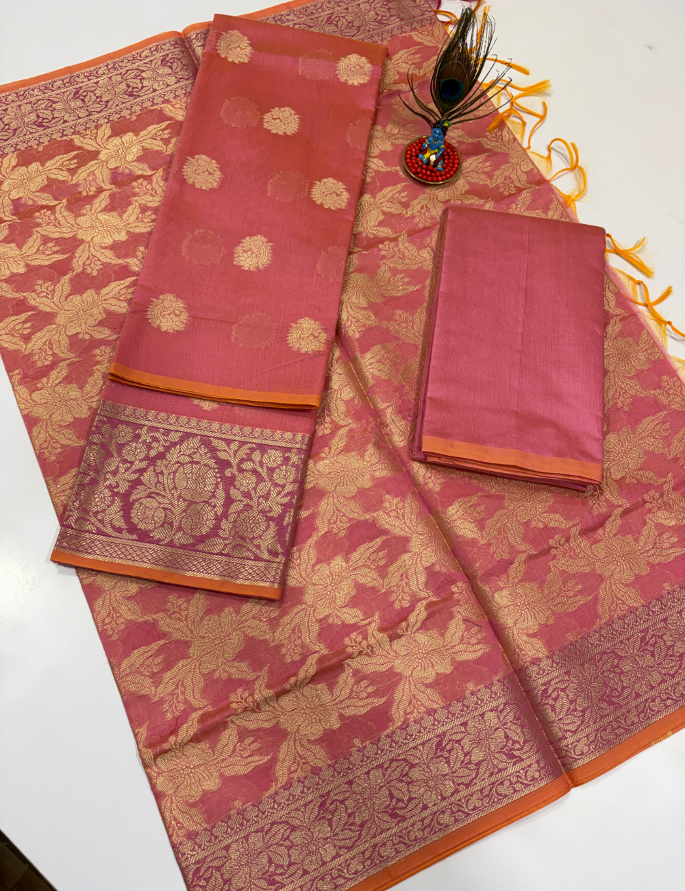 Light Pink Handloom Silk Cotton 3 Pc Salwar Set with Self Weave Floral Jacquard | Soft Elegant Monotone Ethnic Dress Material