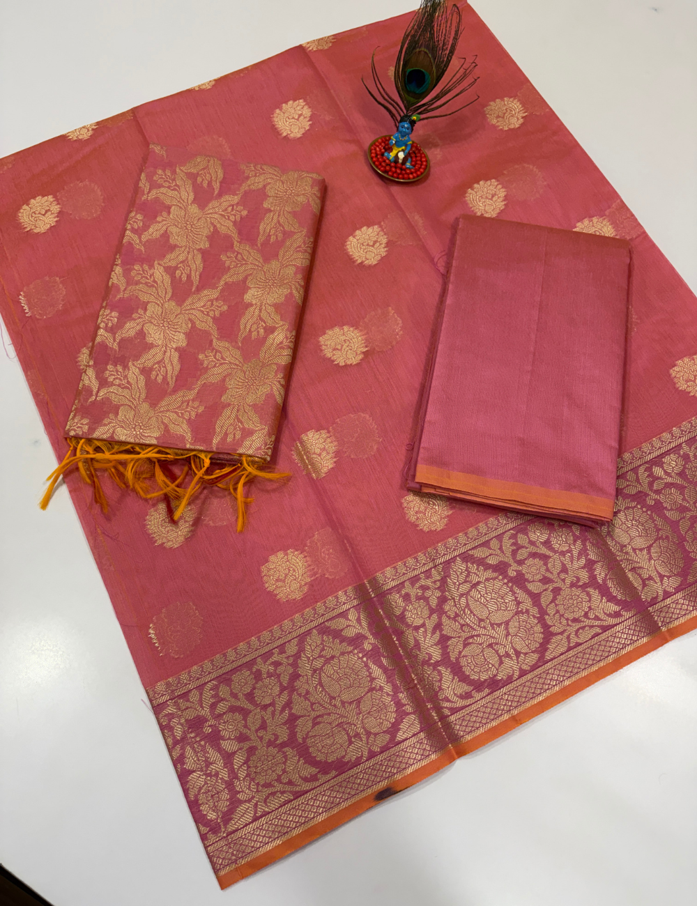 Light Pink Handloom Silk Cotton 3 Pc Salwar Set with Self Weave Floral Jacquard | Soft Elegant Monotone Ethnic Dress Material