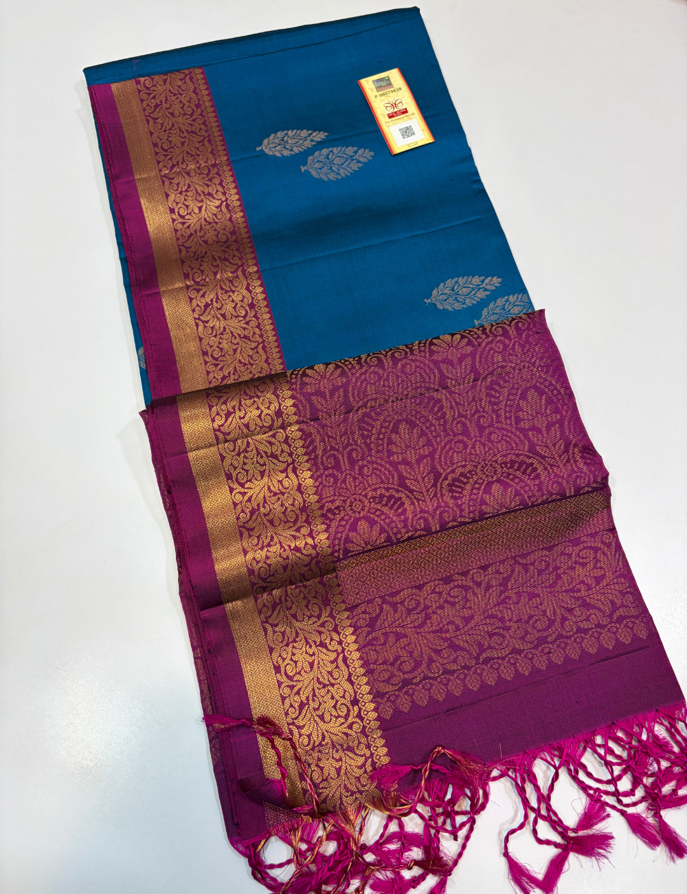 Dual Tone Peacock Blue & Berry Pink Kanchi Border Handloom Pure Softsilk Saree