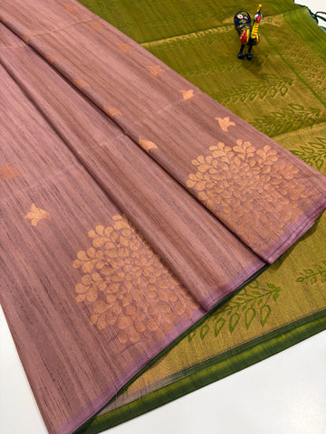 Dusty Mauve (Rosewood Pink) with Mauve-Plum Border and Antique-Gold Zari – Handloom Semi Raw Softsilk Saree