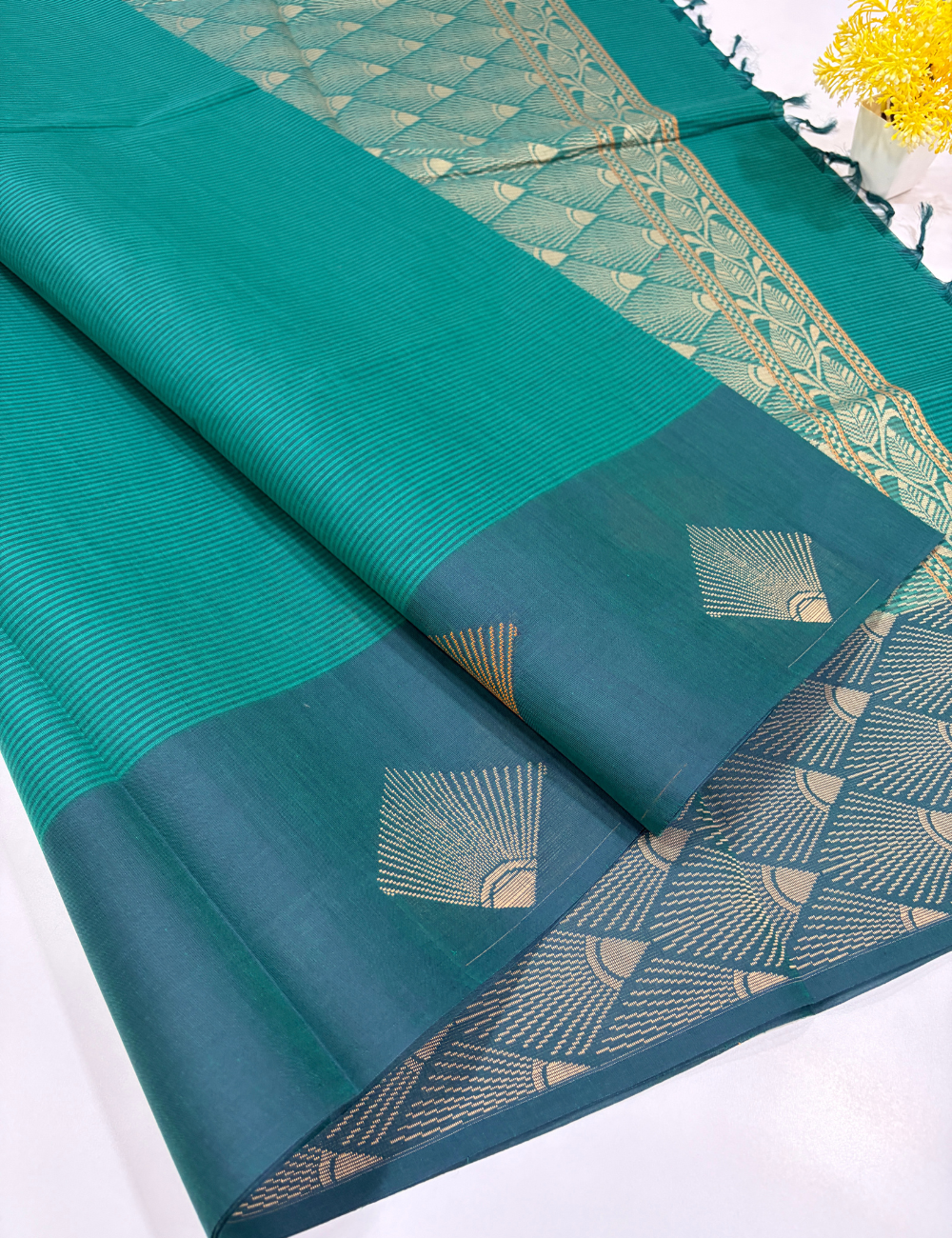Negamam Pure Cotton Horizontal Stripe Saree – Teal Green with Contrast Border