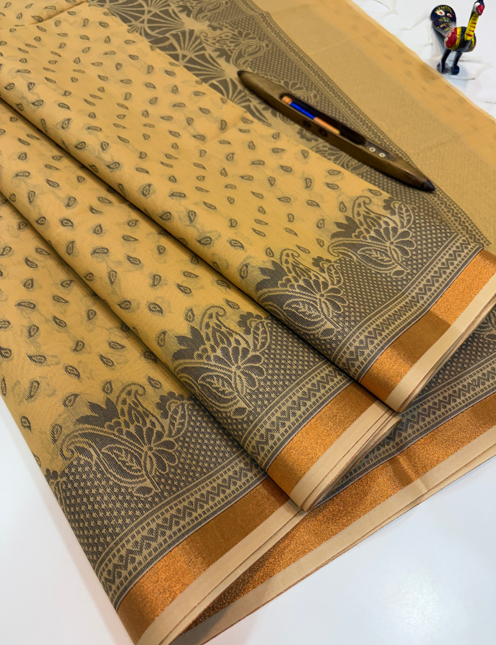Mustard Gold Semi Silk Cotton Saree with Gold Jari Piping Border & Jacquard Blouse | Turning Border