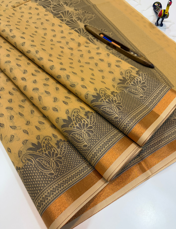 Mustard Gold Semi Silk Cotton Saree with Gold Jari Piping Border & Jacquard Blouse | Turning Border
