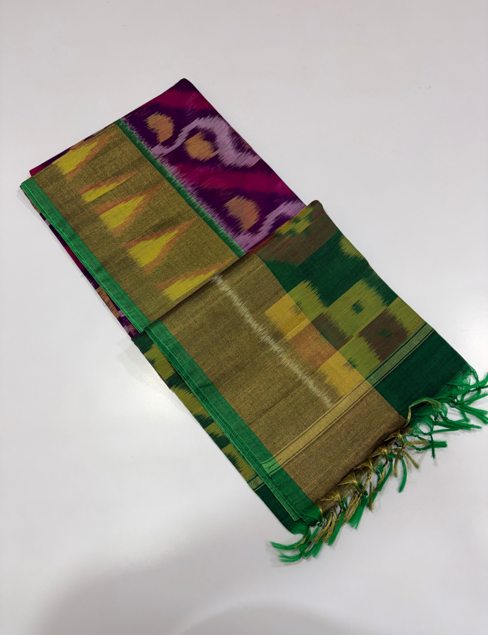 Handloom Pure Silkcotton Pochampally Saree – Violet & Green Elegance