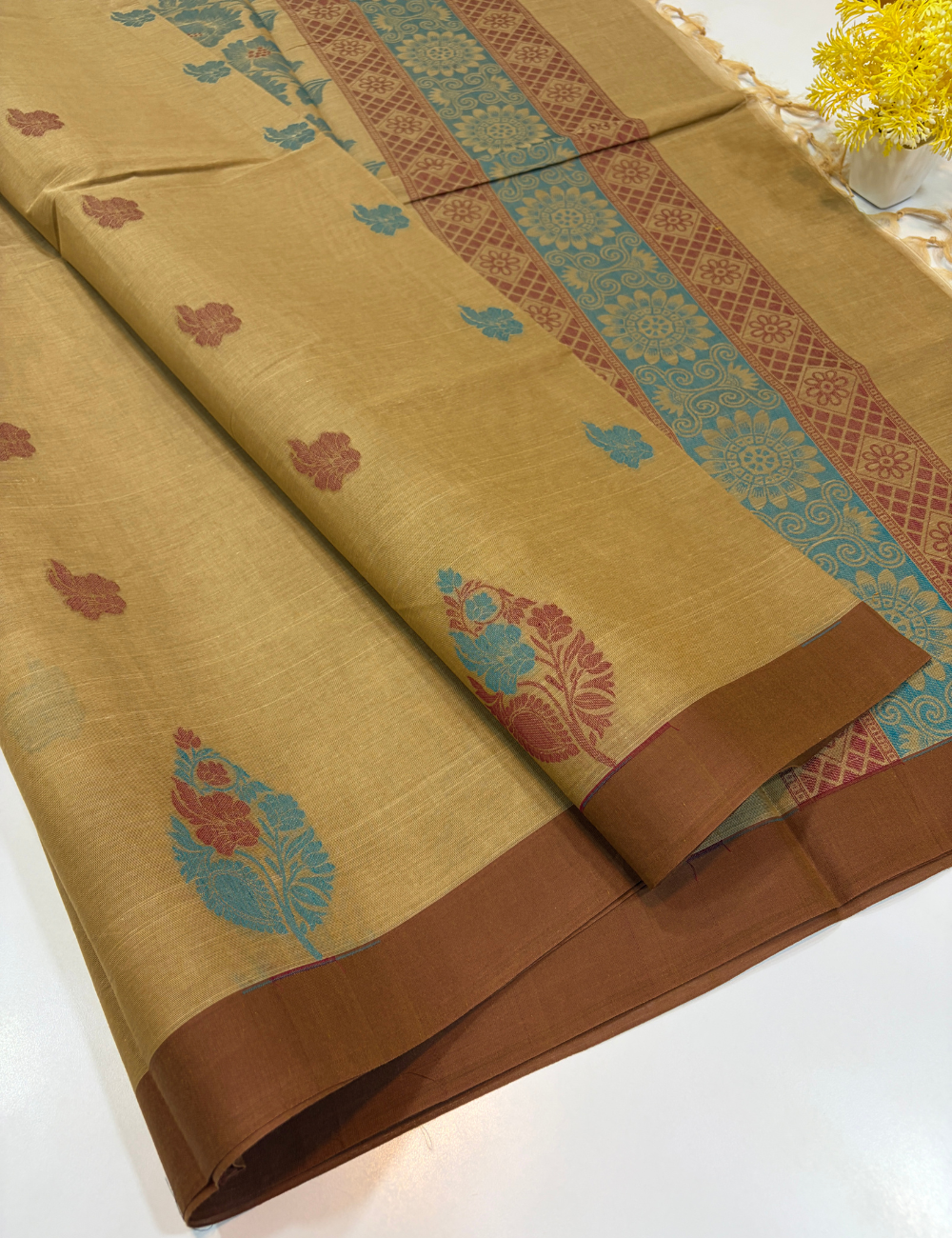Negamam Pure Cotton Saree – Antique Gold with Chocolate Brown Border