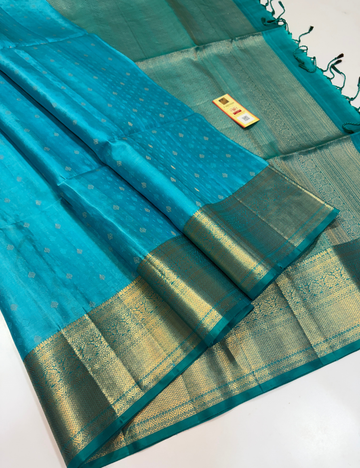 Sea Blue Self Colour Full Brocade Handloom Pure Soft Silk Saree with Kanchi Border | Silk Mark Certified