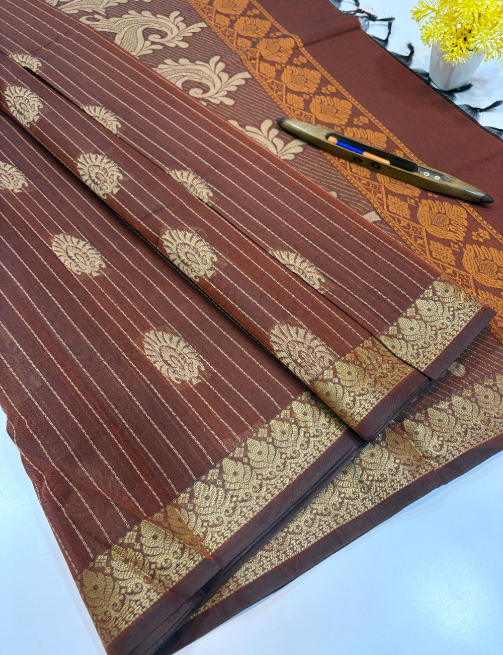 Deep Maroon Negamam Pure Cotton Saree – Vairaoosi Stripes with Thread Butta & Contrast Border | Plain Blouse Included
