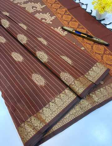 Deep Maroon Negamam Pure Cotton Saree – Vairaoosi Stripes with Thread Butta & Contrast Border | Plain Blouse Included