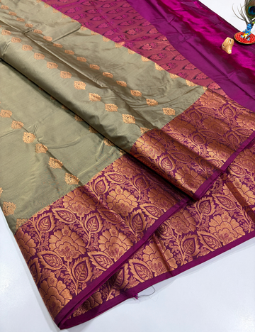 Grey Semi Soft Silk Saree with Purple Premium Kanchi Border
