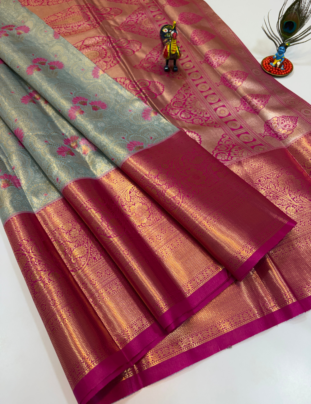 Silver Grey with Rani Pink Korvai Contrast Tissue Semi Bridal Silk Saree | Full Brocade Weaving | Aadithya Handlooms
