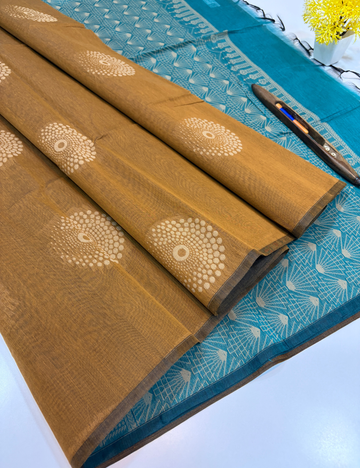 Semi Silk Cotton Borderless Honey Brown Saree with Rama Blue Contrast Pallu & Blouse | Thread Putta Weave Handloom Saree