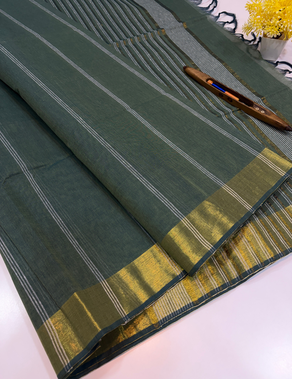 Negamam Pure Cotton Saree in Bottle Green with Stripes Design & Golden Zari Border | Self Colour Pallu & Blouse