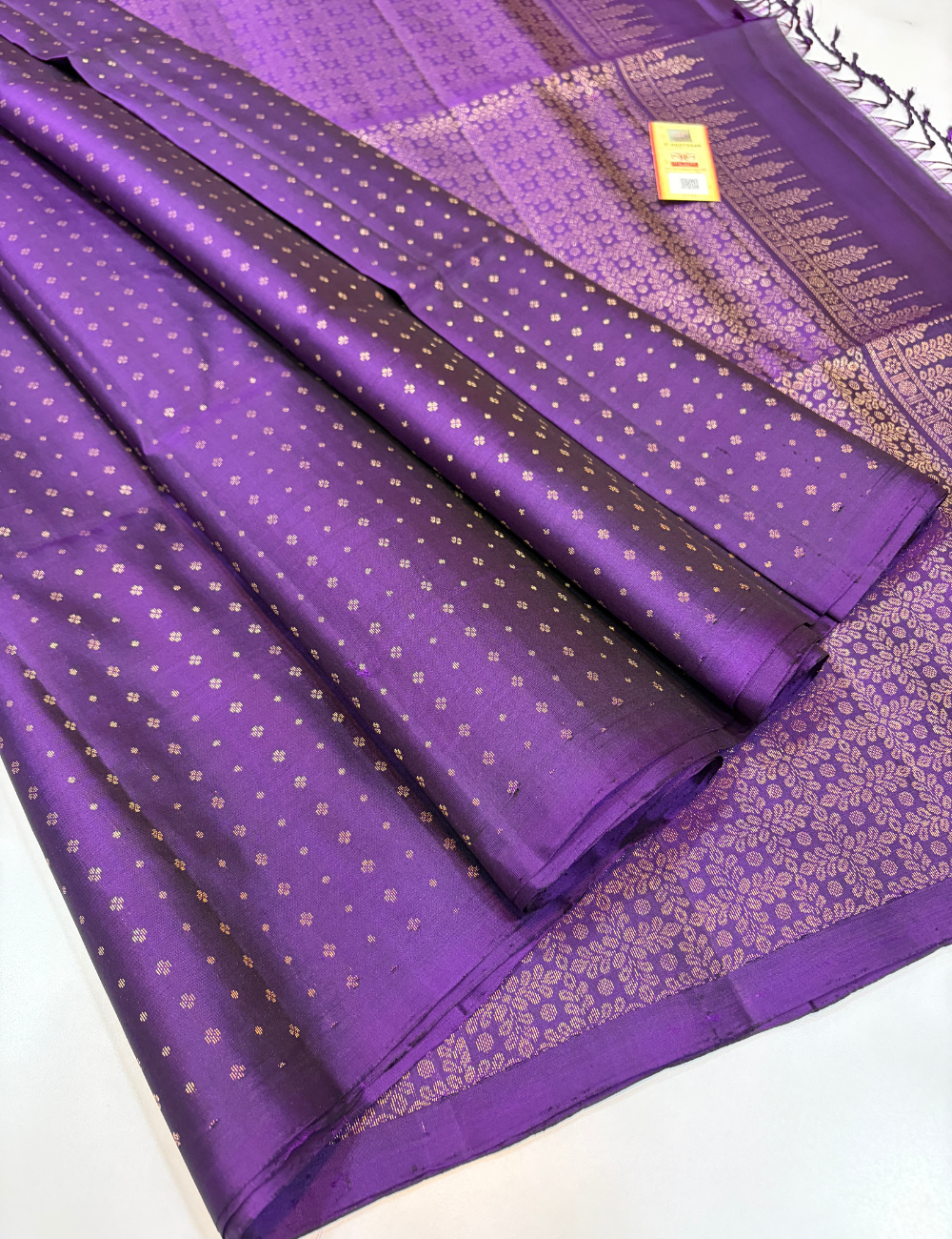 Deep Violet Pure Soft Silk Saree Borderless with Gold Jari Puttas | Elegant Handloom Festive Saree