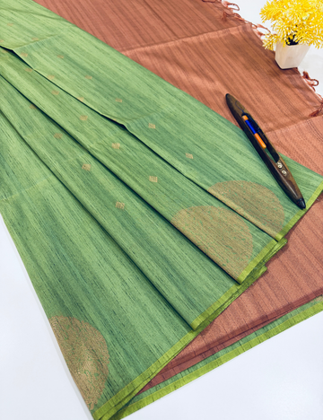 Aurelia Soft Silk Saree – Meadow Green with Copper Rose