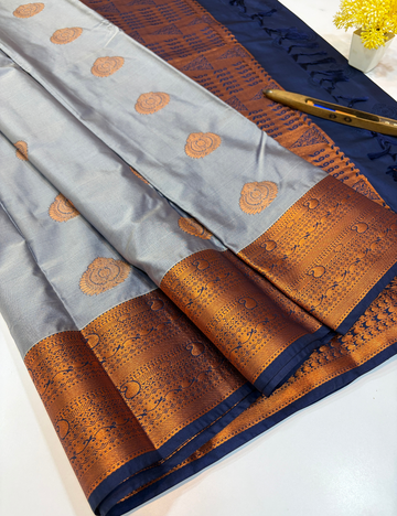 Handloom Elegant Grey Semi Soft Silk Saree with Kanchi Border | Navy Blue Pallu & Blouse