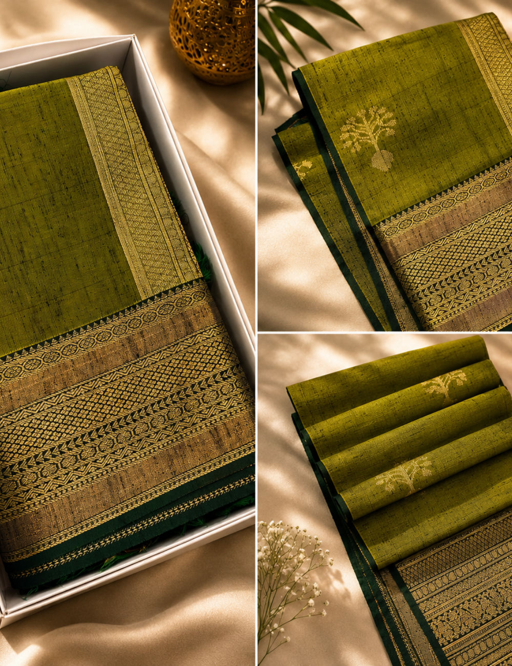 Magenta Green with Bottle Green Pallu & Blouse Kanchi Border Dubion Semi Silk Saree – Handloom