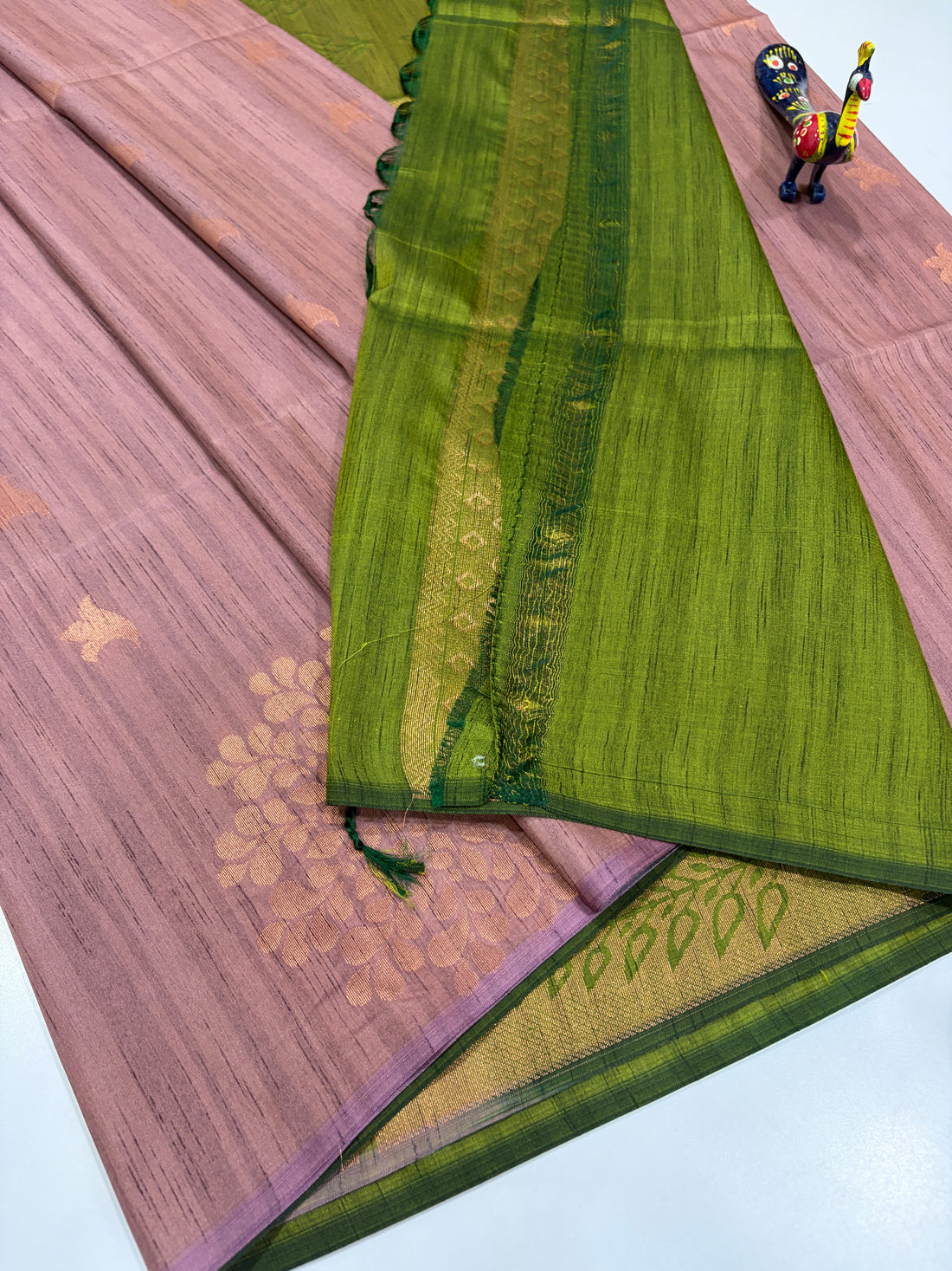 Dusty Mauve (Rosewood Pink) with Mauve-Plum Border and Antique-Gold Zari – Handloom Semi Raw Softsilk Saree