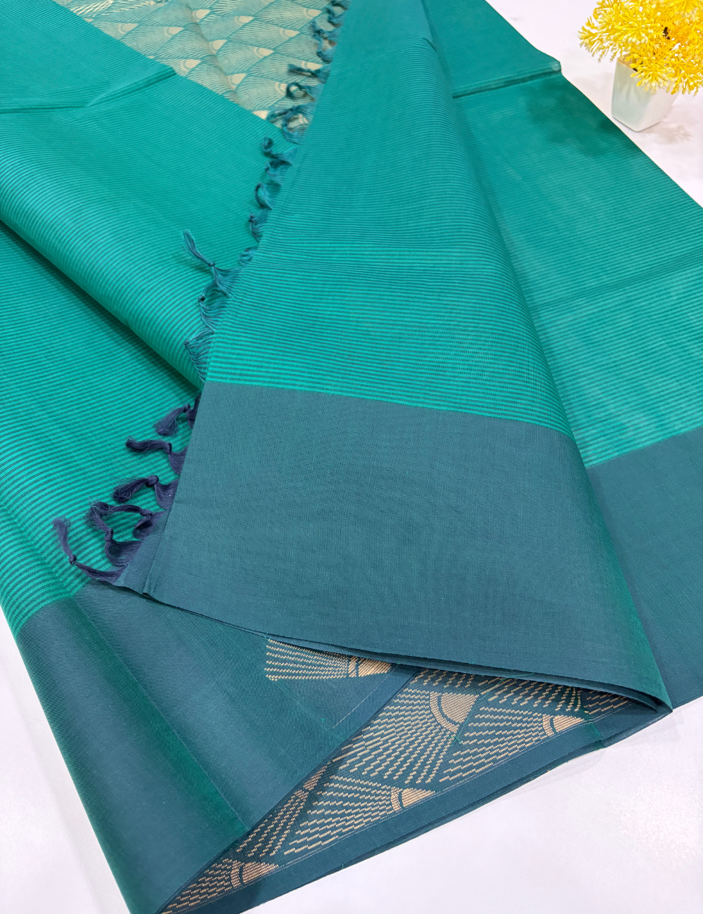 Negamam Pure Cotton Horizontal Stripe Saree – Teal Green with Contrast Border