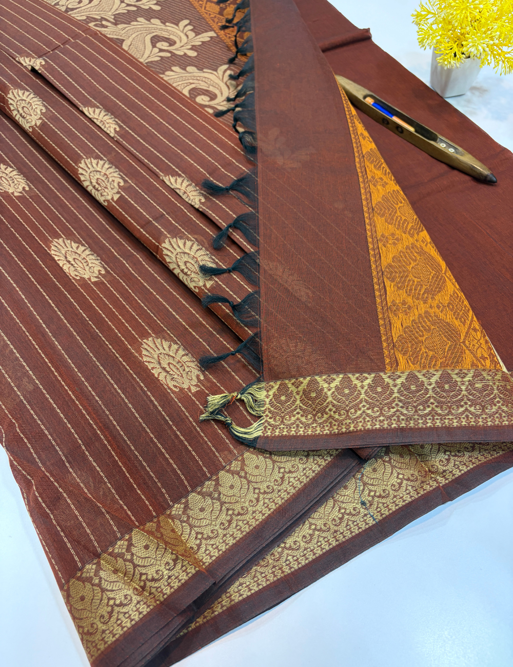 Deep Maroon Negamam Pure Cotton Saree – Vairaoosi Stripes with Thread Butta & Contrast Border | Plain Blouse Included