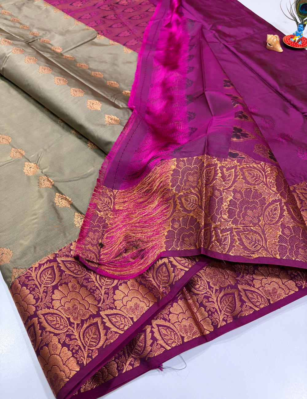 Grey Semi Soft Silk Saree with Purple Premium Kanchi Border