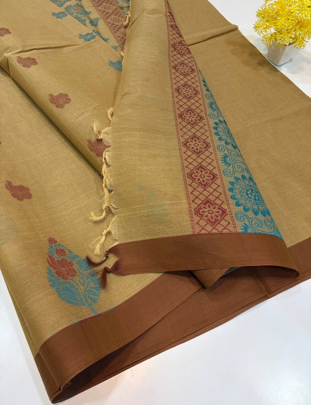 Negamam Pure Cotton Saree – Antique Gold with Chocolate Brown Border