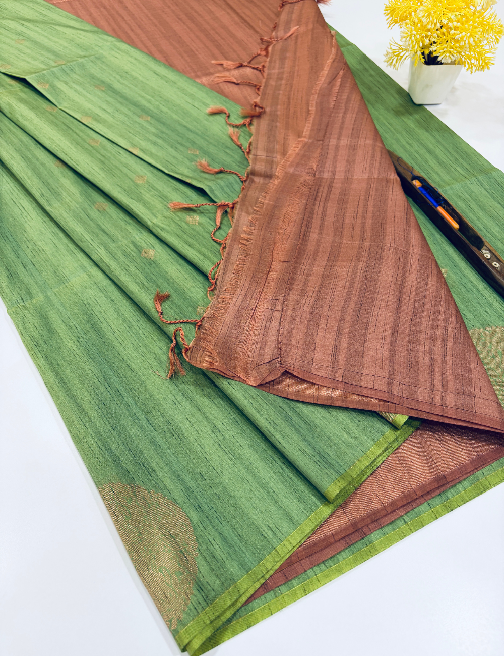 Aurelia Soft Silk Saree – Meadow Green with Copper Rose