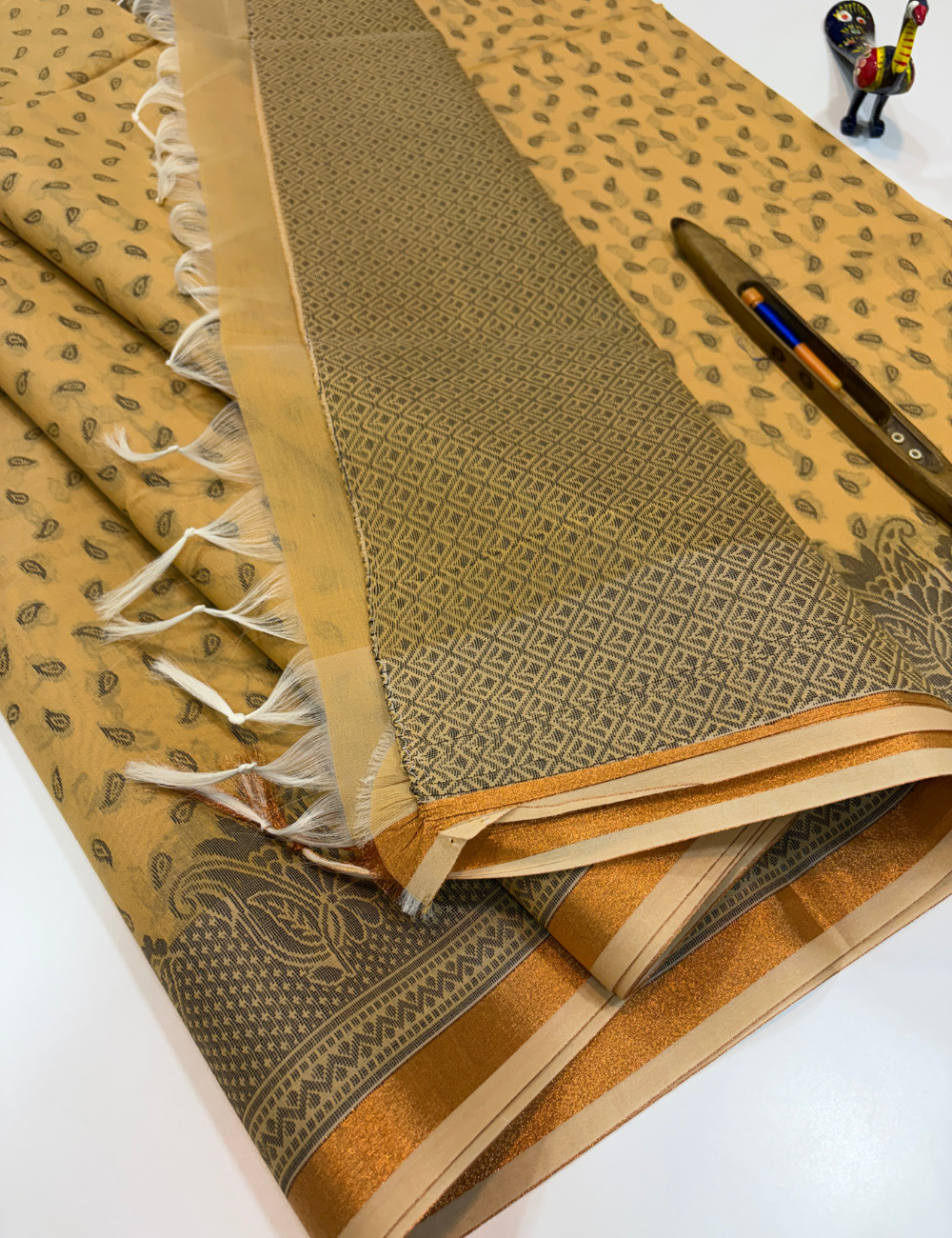 Mustard Gold Semi Silk Cotton Saree with Gold Jari Piping Border & Jacquard Blouse | Turning Border
