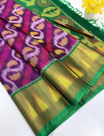 Handloom Pure Silkcotton Pochampally Saree – Violet & Green Elegance