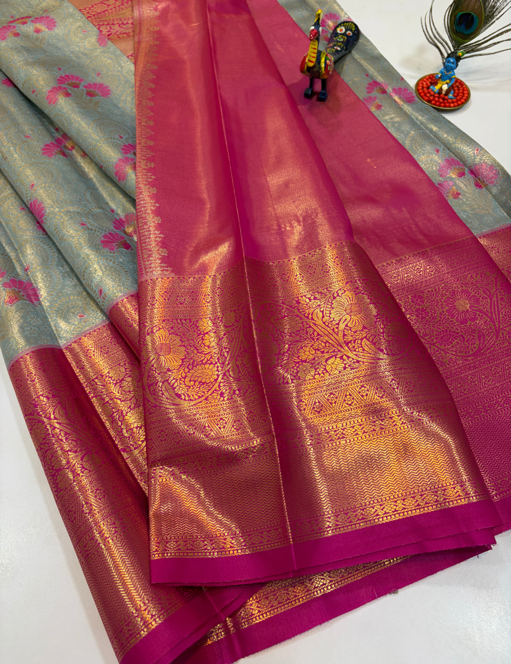 Silver Grey with Rani Pink Korvai Contrast Tissue Semi Bridal Silk Saree | Full Brocade Weaving | Aadithya Handlooms