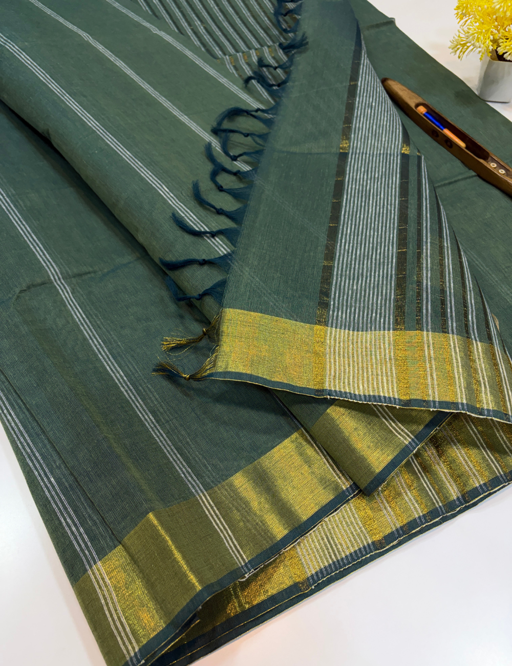 Negamam Pure Cotton Saree in Bottle Green with Stripes Design & Golden Zari Border | Self Colour Pallu & Blouse