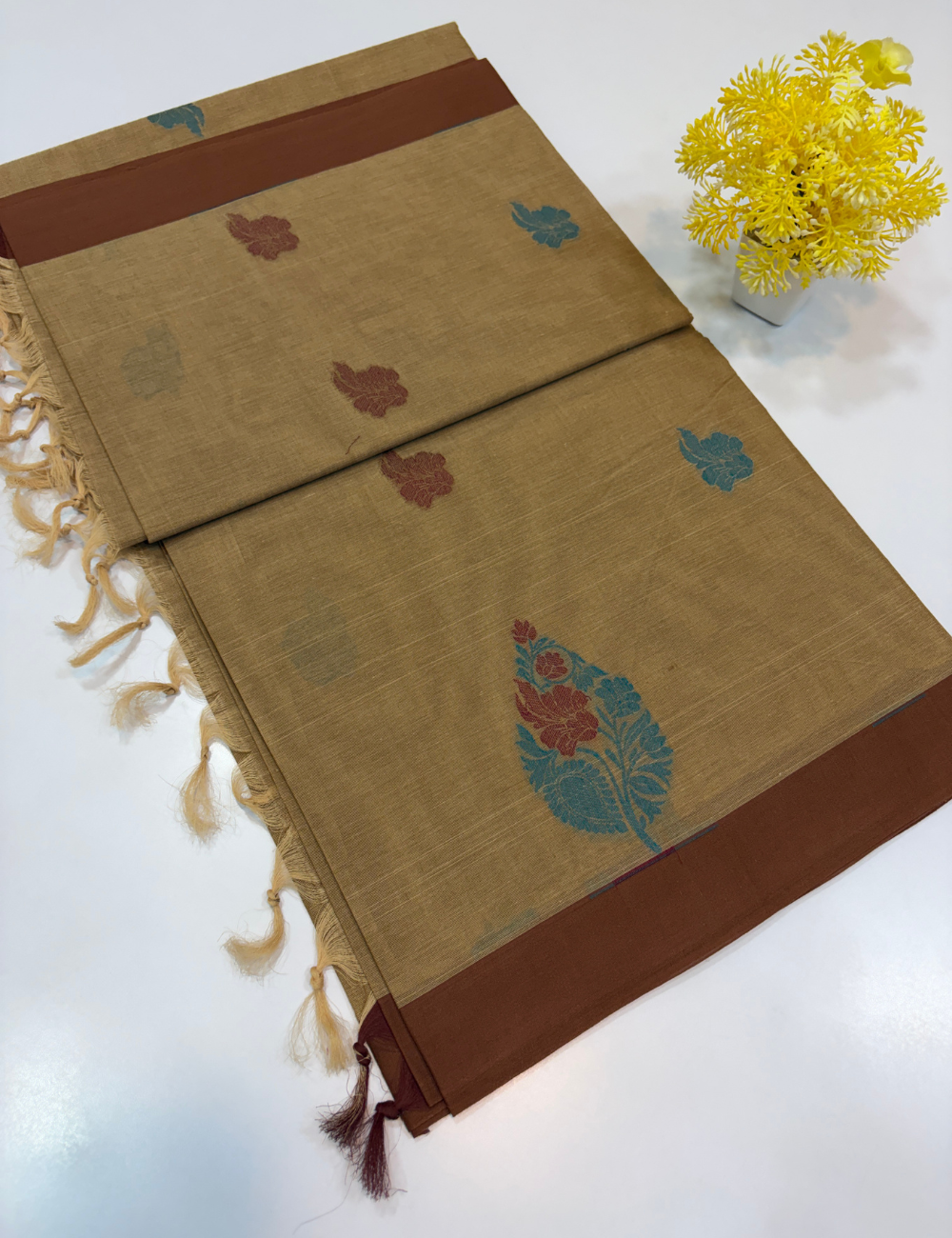 Negamam Pure Cotton Saree – Antique Gold with Chocolate Brown Border