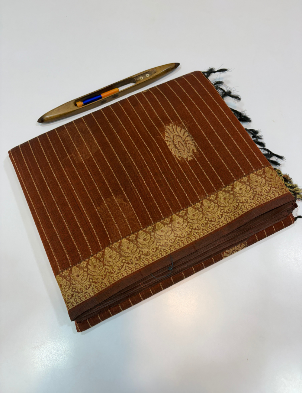 Deep Maroon Negamam Pure Cotton Saree – Vairaoosi Stripes with Thread Butta & Contrast Border | Plain Blouse Included