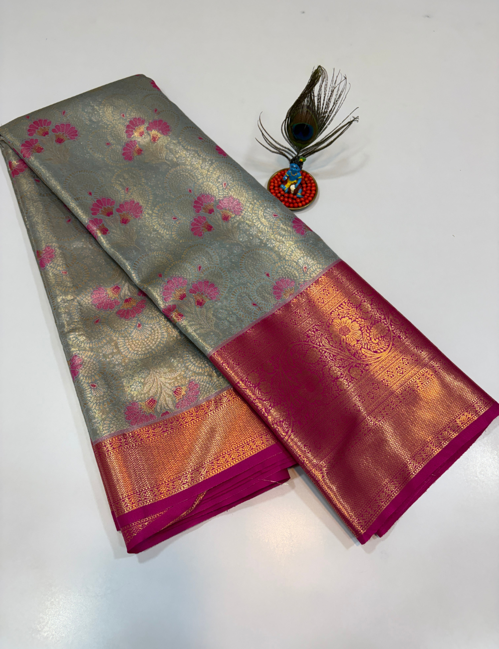 Silver Grey with Rani Pink Korvai Contrast Tissue Semi Bridal Silk Saree | Full Brocade Weaving | Aadithya Handlooms