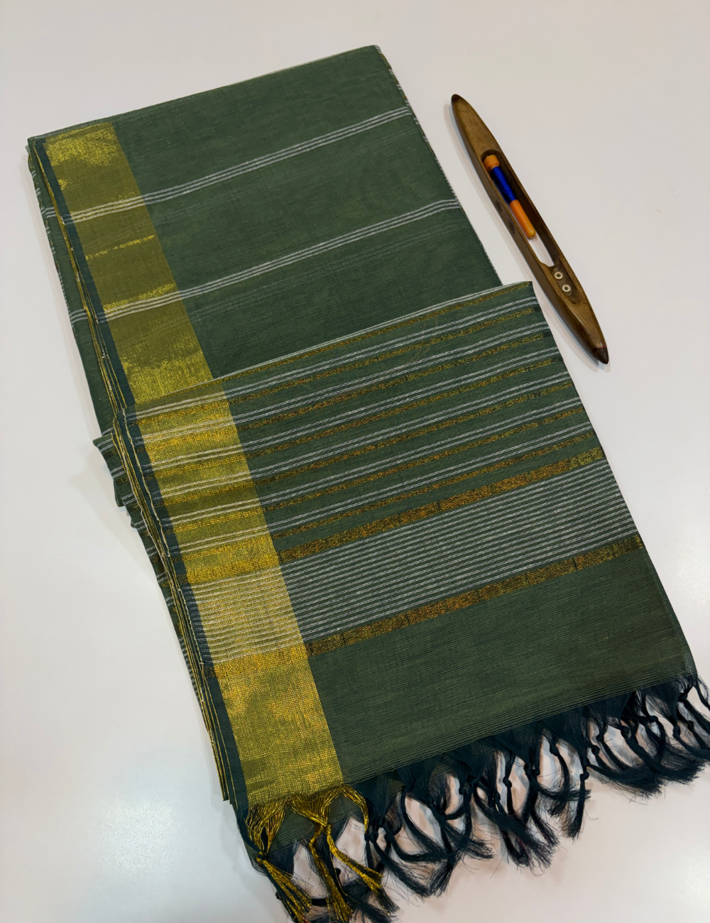 Negamam Pure Cotton Saree in Bottle Green with Stripes Design & Golden Zari Border | Self Colour Pallu & Blouse