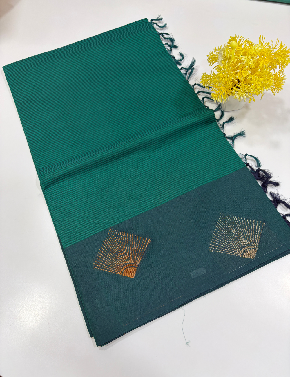 Negamam Pure Cotton Horizontal Stripe Saree – Teal Green with Contrast Border