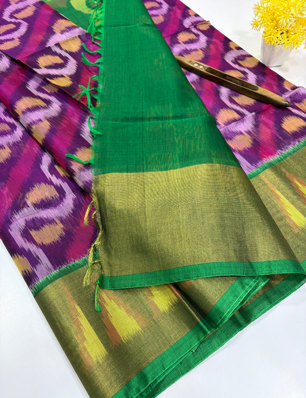 Handloom Pure Silkcotton Pochampally Saree – Violet & Green Elegance