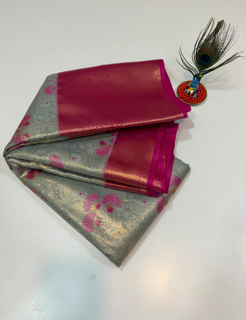 Silver Grey with Rani Pink Korvai Contrast Tissue Semi Bridal Silk Saree | Full Brocade Weaving | Aadithya Handlooms