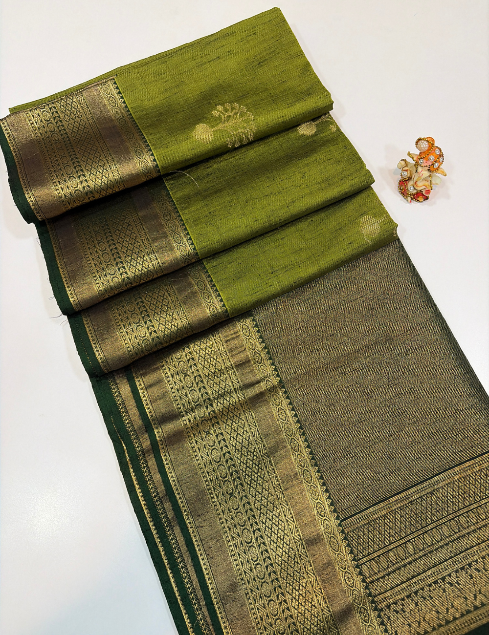 Magenta Green with Bottle Green Pallu & Blouse Kanchi Border Dubion Semi Silk Saree – Handloom