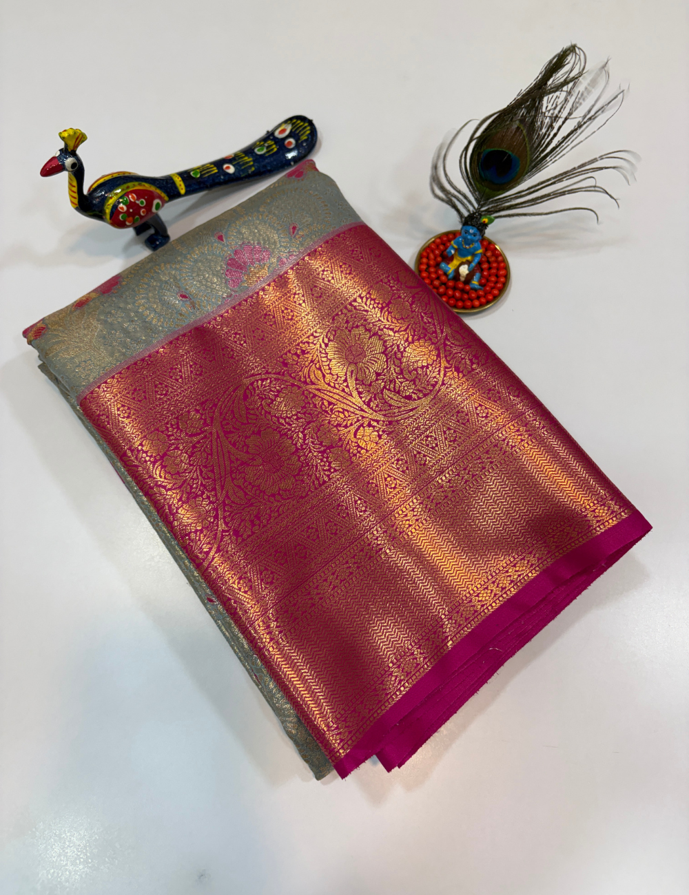 Silver Grey with Rani Pink Korvai Contrast Tissue Semi Bridal Silk Saree | Full Brocade Weaving | Aadithya Handlooms