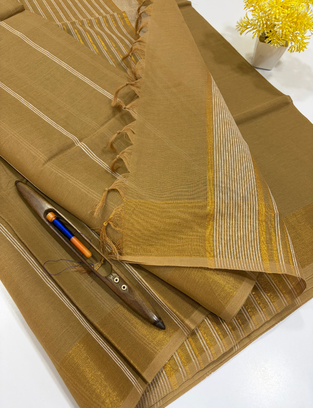 Antique Gold Brown Pure Cotton Saree with Rich Jari Border