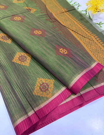 Pure Cotton Pochampally Olive Green Thread Putta Saree