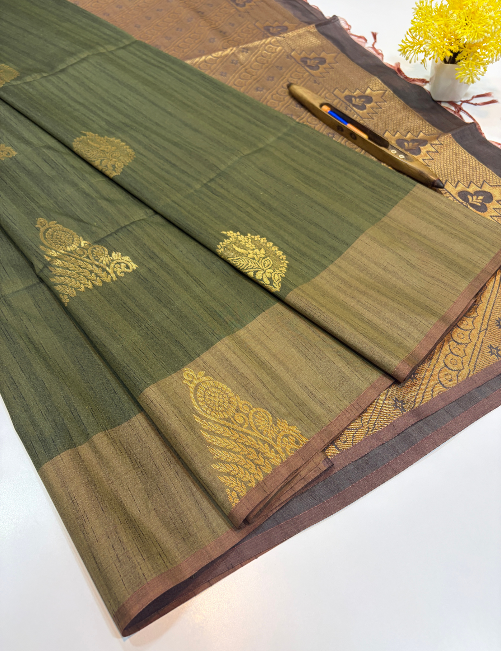 Deep Olive Green Soft Silk Saree with Chocolate Brown Pallu | Elegant Festive & Traditional Wear