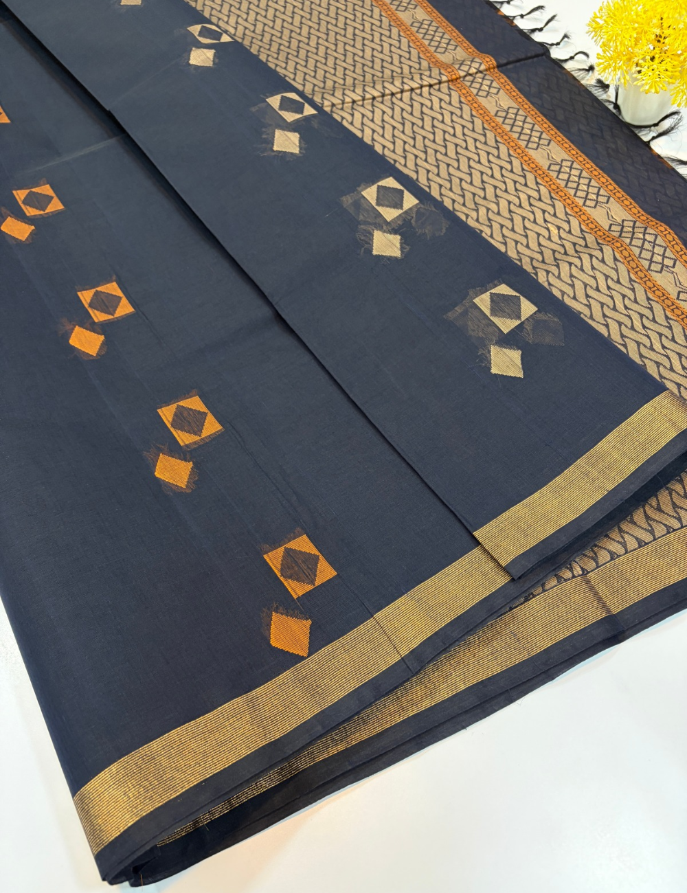 Midnight Blue Negamam Handloom Pure Cotton Saree with Thread Putta & Contrast Piping Border | 100-Count Cotton