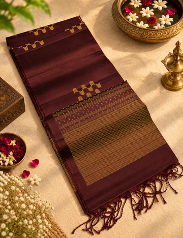 Brown Borderless Neam Jari Pure Softsilk Saree