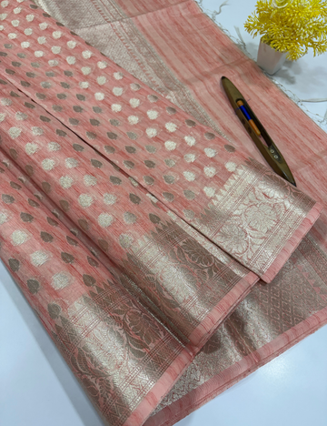 Baby Pink Matka Silk Cotton Saree with Full Zari Butta | Rich Zari Border & Brocade Blouse